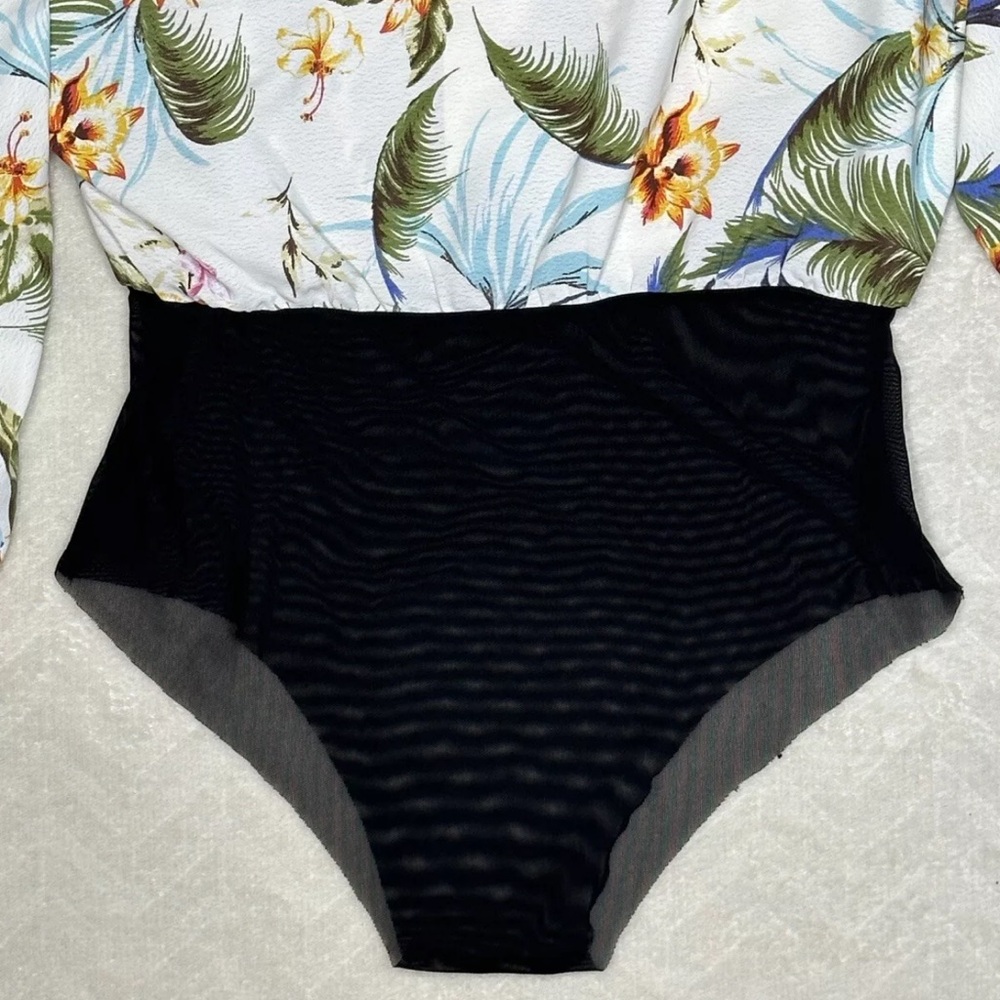 FKSP Women’s Hawaiian Floral Bodysuit Small Mesh Panties Bell Sleeve Button Down - Picture 12 of 15